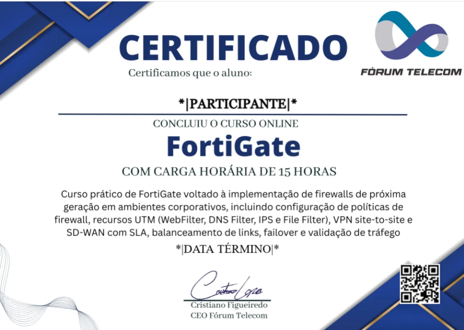 Modelo do certificado de conclusão do curso FortiGate da Fórum Telecom